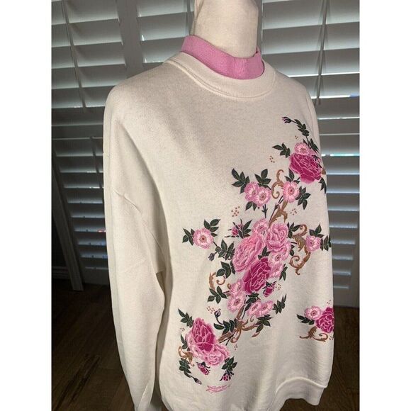 Vtg Grandma Core Double Collar White Pink Flowers Sweatshirt M/L K Hamilton - Picture 12 of 12